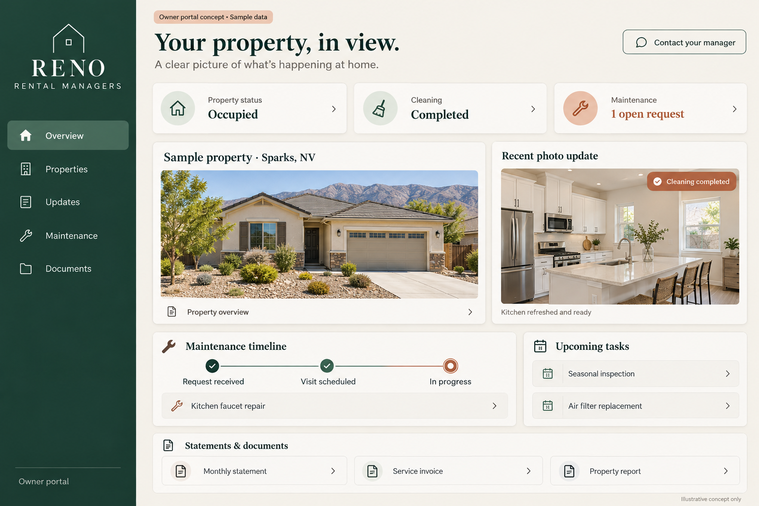 Owner dashboard concept showing sample property status, completed cleaning with a photo, a repair timeline, upcoming tasks, and statements and documents.