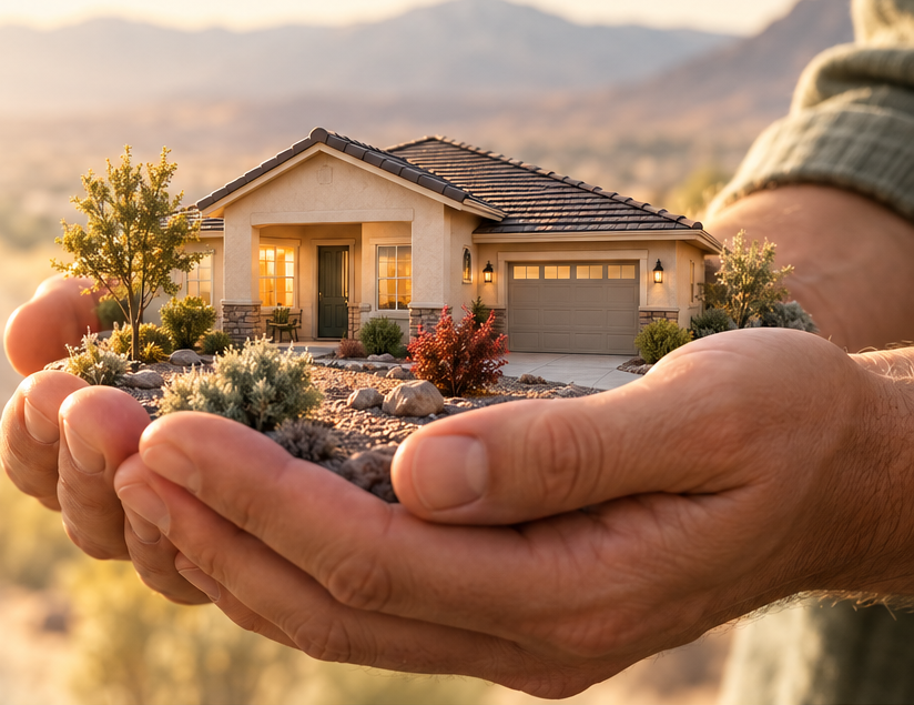 Concept artwork of hands gently cradling a miniature Nevada home, with mountains in the distance. This is illustrative, not an actual property or portrait.